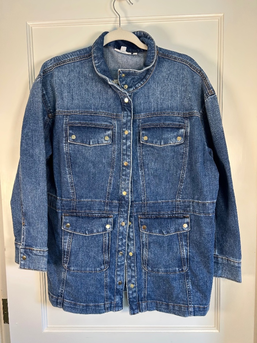 Chico's denim utility jacket Size Large |cinched waist | mandarin collar